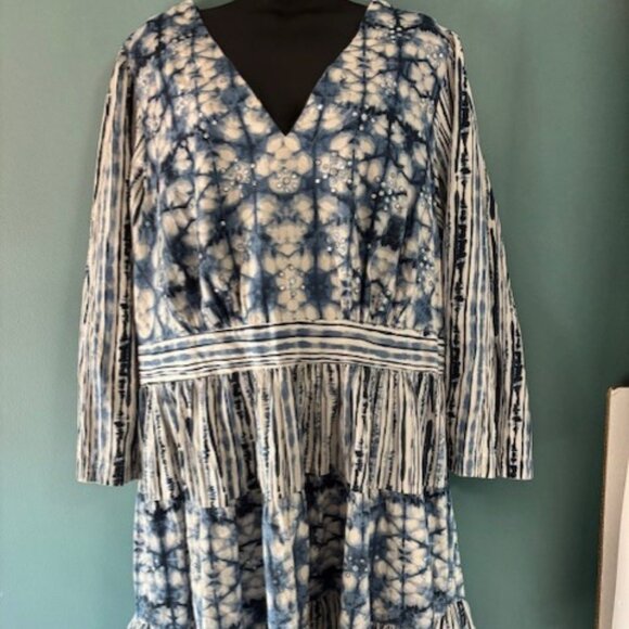 Not So Serious Anthropologie Tie Dye Blue White Fit Flare Dress 2X Festival Boho - Picture 1 of 8
